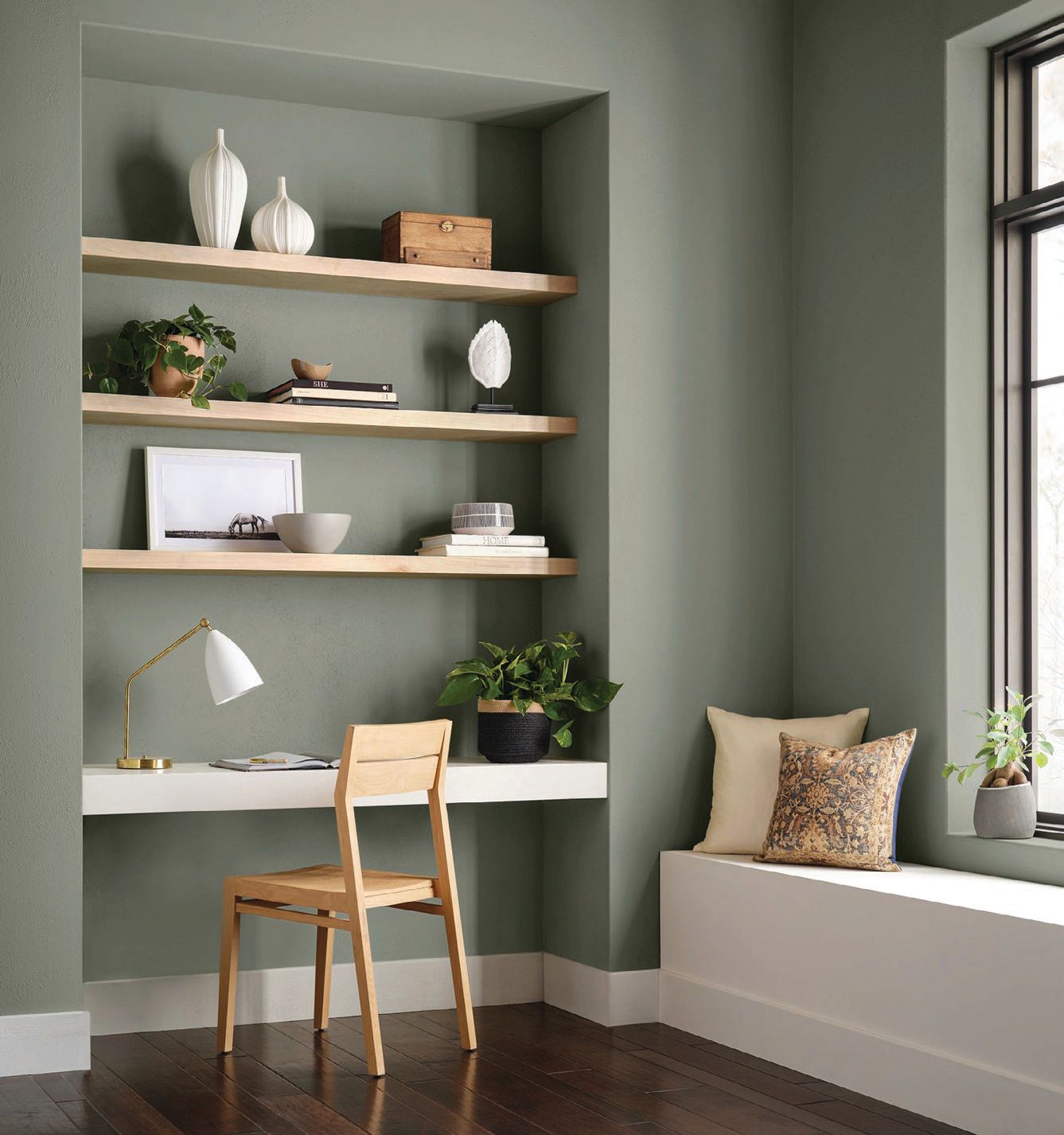Use Sherwin-Williams’ Evergreen Fog as a balancing element in your newly appointed home office. PHOTO COURTESY OF SHERWIN-WILLIAMS