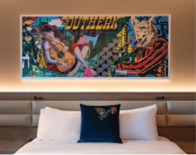 Every guest room at W Nashville features an original, commissioned artwork by Brooklyn-based studio FAILE. PHOTO: COURTESY OF W NASHVILLE