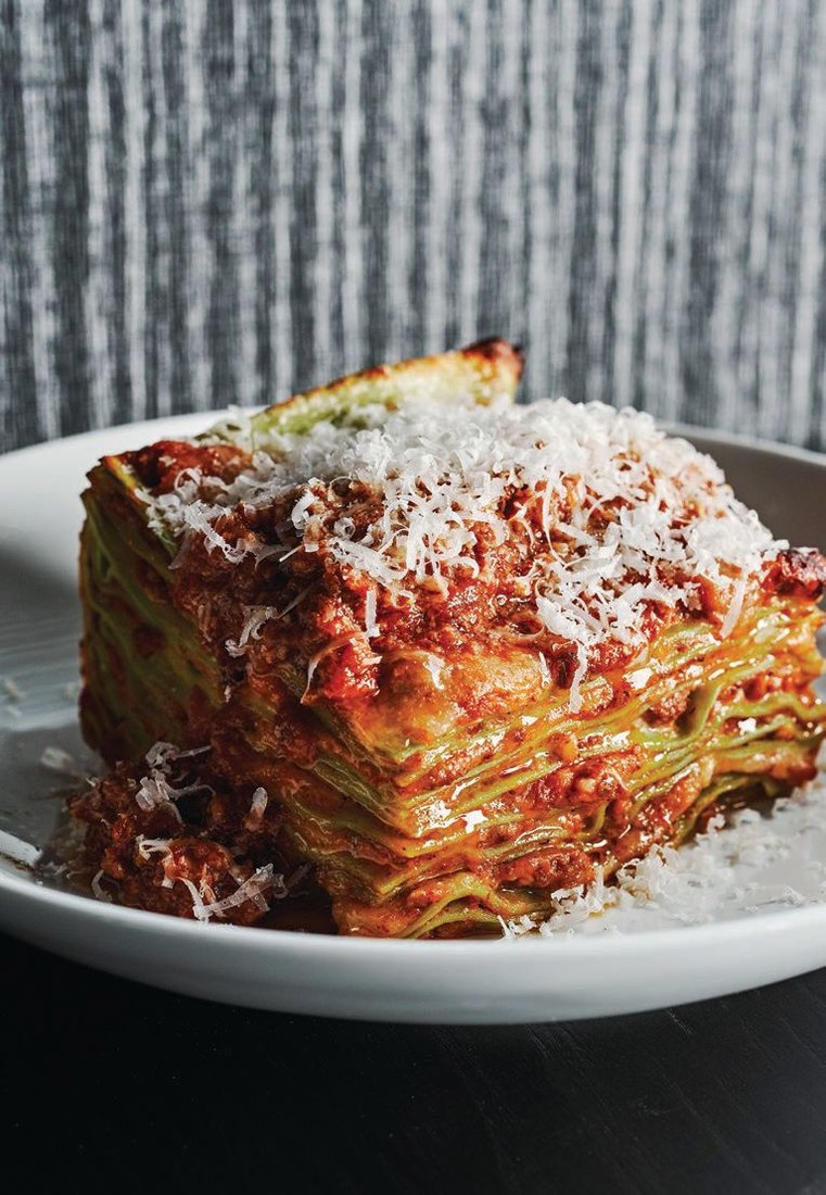 Lasagna, complete with spinach pasta, Bolognese, bechamel and Grana Padano. PHOTO BY ANDREW THOMAS LEE PHOTOGRAPHY
