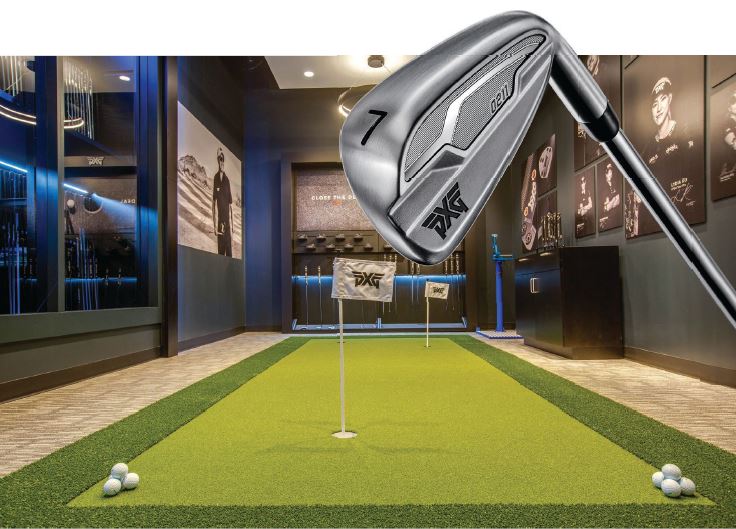 PXG’s 2021 0211 iron; a 124-square-foot practice putting green inside the Atlanta store. PHOTO COURTESY OF BRAND