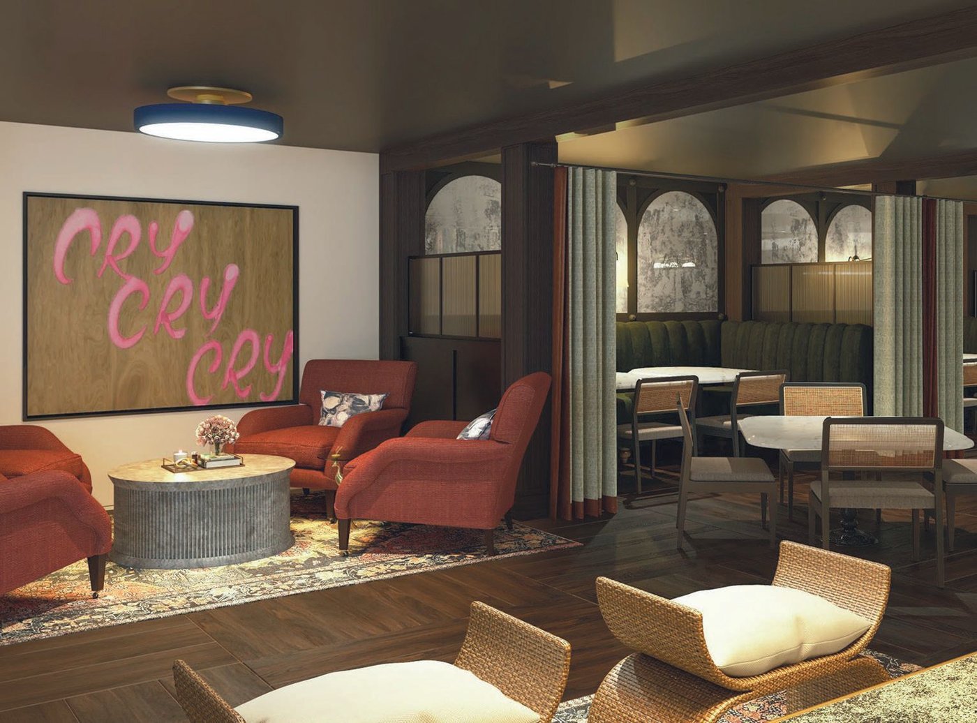 The interior of Mrs. P’s Bar & Kitchen is moody, providing the perfect place to grab a drink.  opposite page: A bedside tableau from a guest room at the Wylie featuring retro accents. RENDERING COURTESY OF WYLIE HOTEL