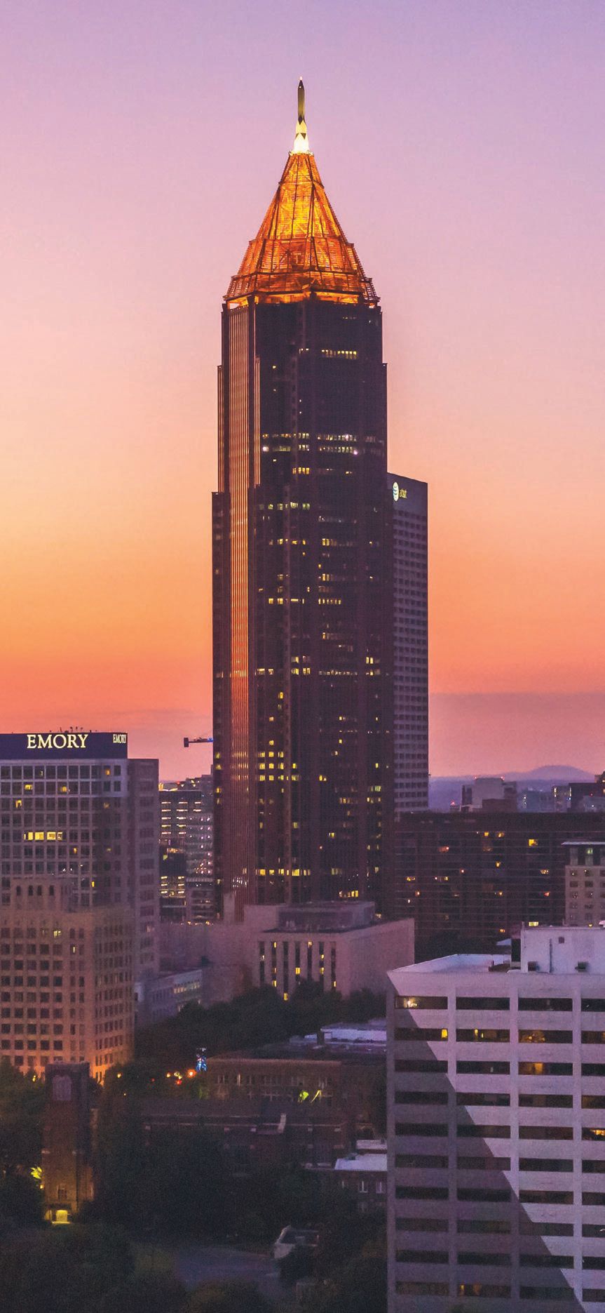 The tallest building in Atlanta’s skyline, the Bank of America Plaza is 55 stories. PHOTO BY: BRAD HUCHTEMAN/UNSPLASH